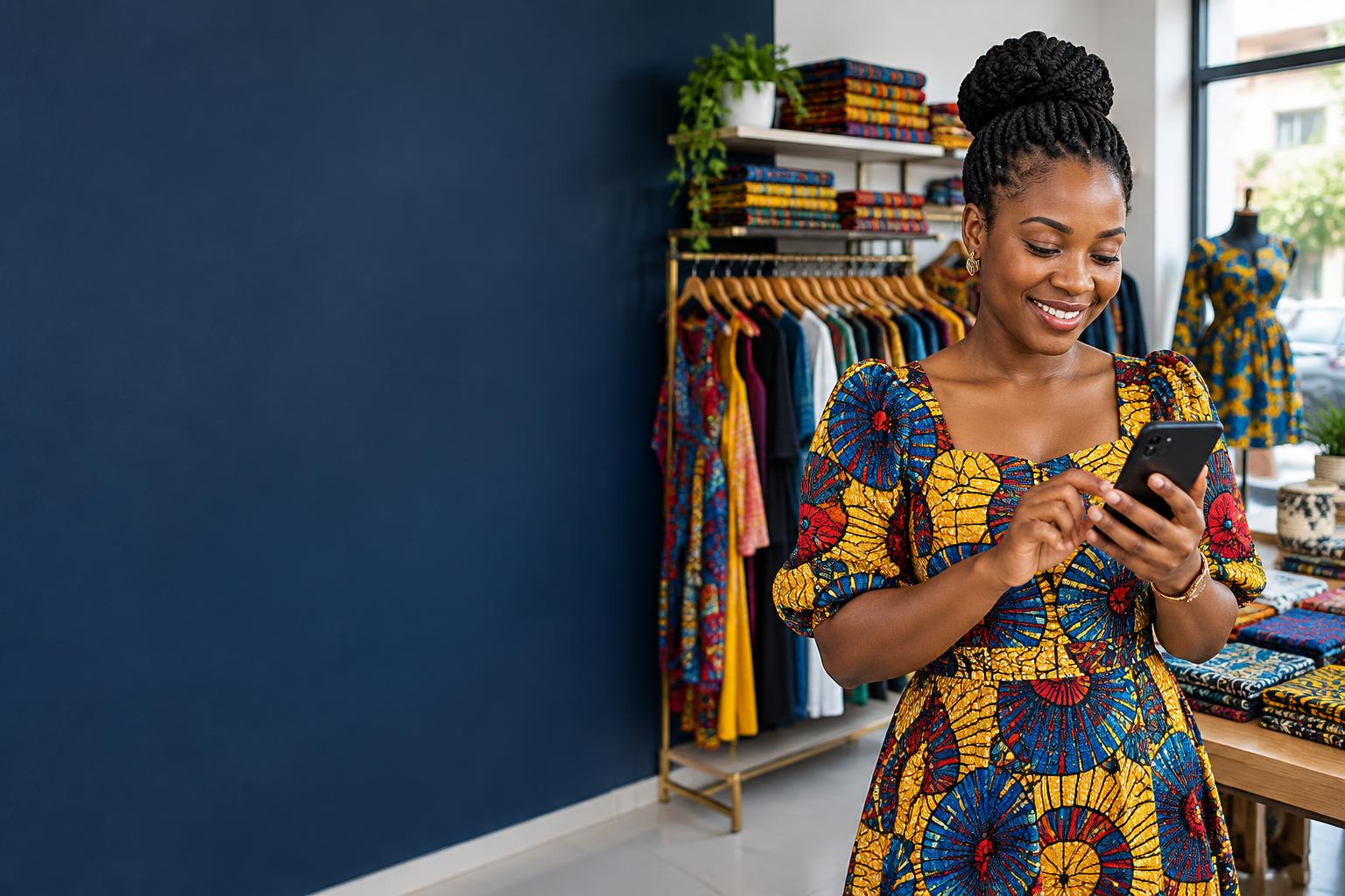 A Ghanaian boutique owner using her smartphone in her shop